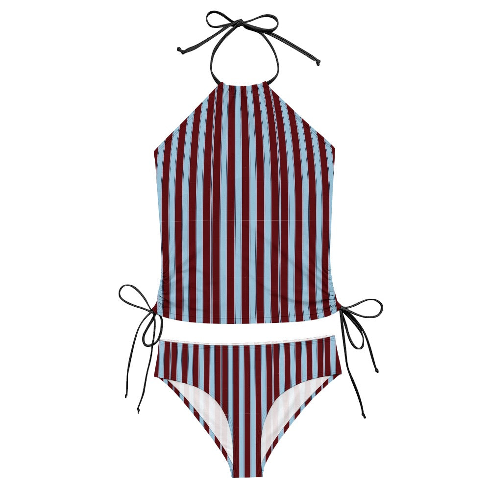 Stripe Claret Halter Split swimsuit